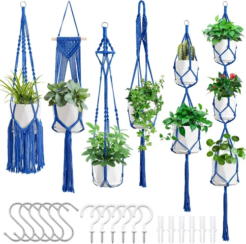 Miniatura 12 de SFENNGPET - Paquete de 6 perchas de macramé para plantas, juego de 6 perchas colgantes para plantas de interior con kit de 6 perchas hechas a mano