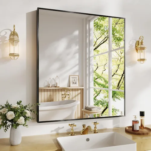 Miniatura 43 de Koonmi Espejo de baño, 30 x 30 pulgadas, espejo con marco de metal negro para baño, vidrio templado, antioxidante, espejo rectangular redondeado
