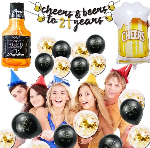 Miniatura 4 de Decoraciones de cumpleaños 21 para él, decoraciones de cumpleaños 21 con globos dorados de 40 pulgadas, pancarta de felicitación a 21 años, cortinas