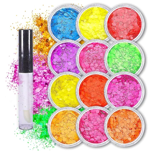 Purpurina corporal holográfica neón | 12 colores + 1 pegamento de purpurina para cara, cabello, uñas, ojos y sombra de ojos de purpurina - Perfecto