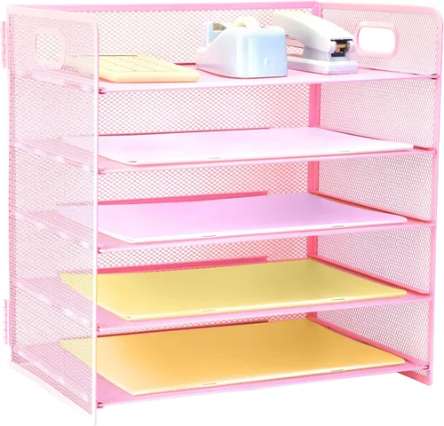 Miniatura 13 de Organizador de 3 niveles con asa, organizador de archivos de escritorio de malla metálica con bandejas deslizantes, escritorio clasificador de papel