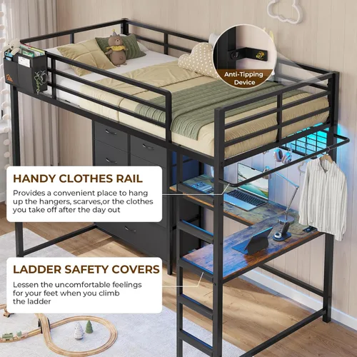 Miniatura 9 de DICTAC Cama alta individual con escritorio en forma de L y 7 cajones de almacenamiento, cama alta de metal tamaño individual para niños con luces