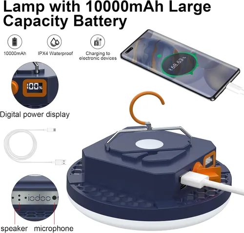 Miniatura 7 de Luz de campamento recargable de 10000 mAh con control de voz - 4000LM 3000K/4500K/6500K Linterna LED portátil, IPX4 impermeable para camping, 30W pro
