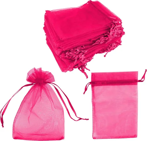 Super Z Outlet Paquete de 100 mini bolsas transparentes de organza transparentes con cordón de 4 x 6 pulgadas, bolsas de joyería para bodas, Fucsia