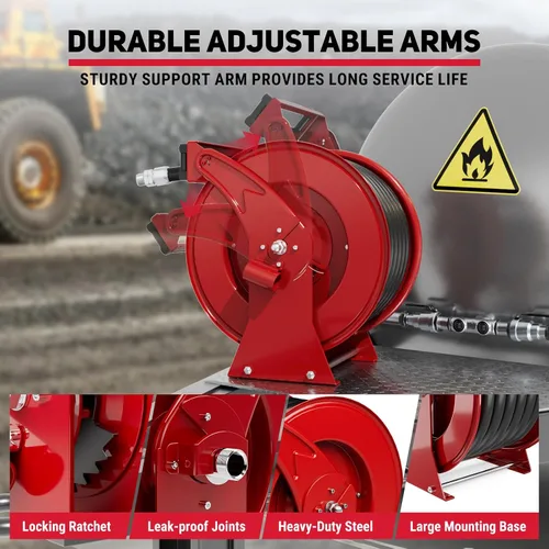 Miniatura 3 de Carrete de manguera de combustible, 1 pulgada x 33 pies de combustible diésel retráctil, construcción de acero resistente con boquilla