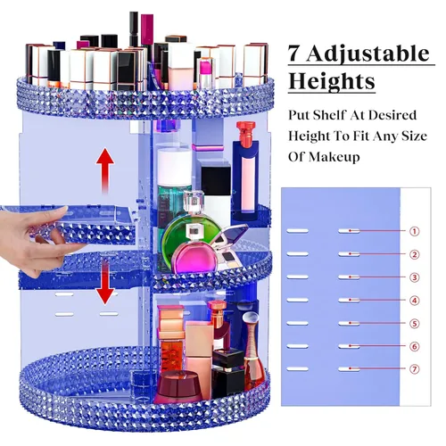 Miniatura 4 de Organizador de maquillaje giratorio grande de 360 grados para mostrador, organizadores de maquillaje acrílico azul, organizador de perfumes