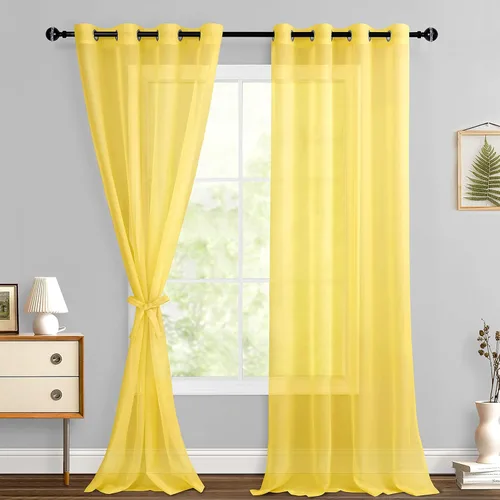 Miniatura 28 de Hiasan - Cortinas traslúcidas de gasa cortas semitransparentes con ojales y alzapaños filtrantes de luz para ventana, dormitorio, baño, 2 paneles