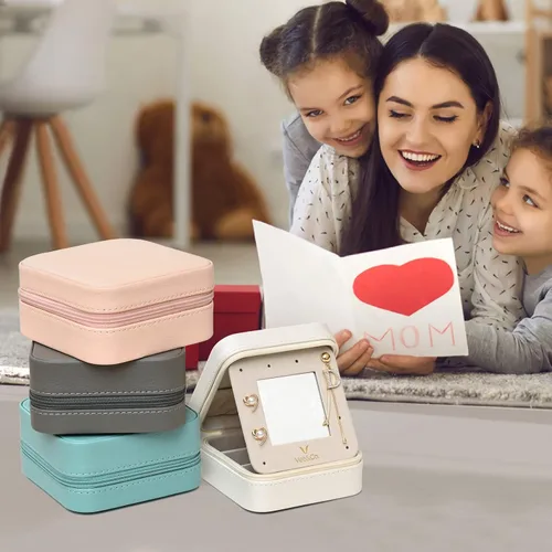 Miniatura 7 de Vee - Estuche pequeño para joyas de viaje mini organizador de joyas con espejo portátil caja de joyería para aretes anillos collares pulseras