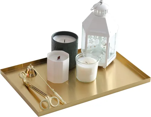 Miniatura 7 de Freelove Bandeja de Tocador de Metal Dorado con Lijado y Letras, Organizador de Perfumes, Soporte para Joyas, Plato para Maquillaje, Bandeja