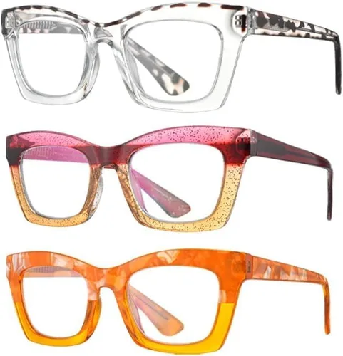Paquete de 3 gafas de lectura estilo Oprah con bisagra de resorte, bloqueo de luz azul, montura cuadrada para computadora para mujeres y hombres