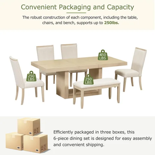 Miniatura 5 de Merax Farmhouse - Juego de mesa de comedor de madera para 6, 76 pulgadas, juego de mesa de cocina extensible con hojas extraíbles de 18 pulgadas, 4