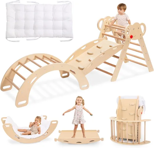 wingyz Pikler - Juego de escalada triangular con cojín, plegable, 8 en 1, gimnasios de la jungla para niños pequeños de 1 a 3, parque infantil Teca