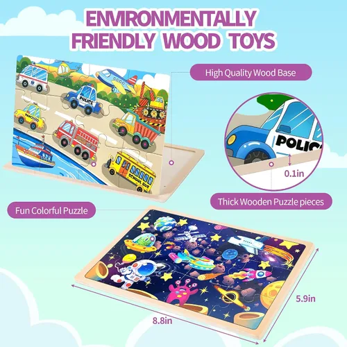 Miniatura 5 de Rompecabezas de madera para niños pequeños a partir de 3 años, rompecabezas de 12 piezas con vehículo de granja y océano para niños, 4 paquetes