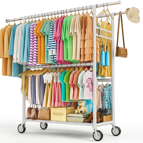 Miniatura 17 de Perchero de ropa resistente con carga de 860 libras, estantes de ropa rodantes de doble barra para colgar ropa, estante de ropa rodante con estantes