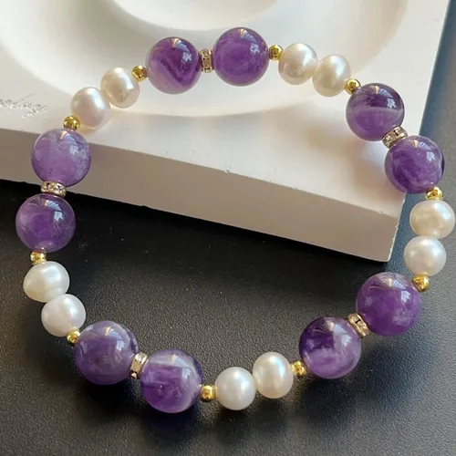 Miniatura 3 de Cristal ámbar Pulsera elástica de cuentas de cristal de oro de 14 quilates para mujer, Gema, cristal