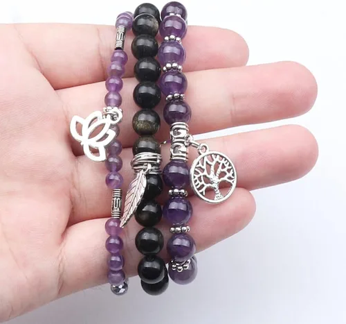 Miniatura 4 de UEUC - Pulseras Reiki, apilables, de piedras curativas, cristales, con dije del árbol de la vida, yoga y hoja de loto, contra la ansiedad