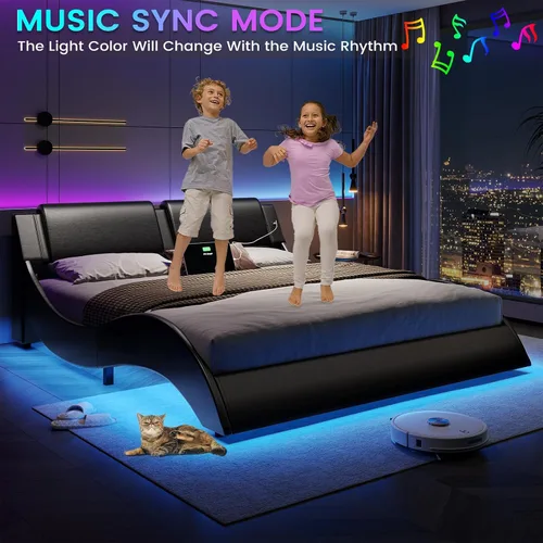 Miniatura 5 de DICTAC - Marco de cama Queen con luces LED y puertos de carga, cama moderna tapizada tamaño Queen con cabecera, marco de cama de plataforma