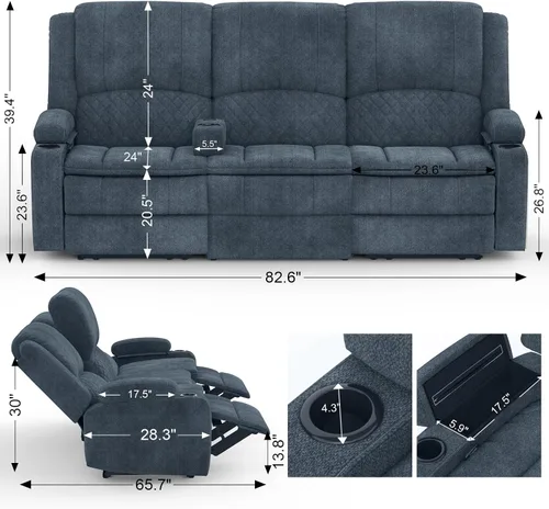 Yolsali Sofá reclinable, sofá reclinable manual de 3 plazas con cojín de 2 niveles, sofás reclinables para sala de estar con consola removible,