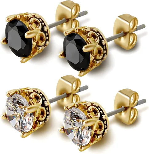 Aretes negros y dorados para hombres y mujeres, con corona retro, hipoalergénicos, de acero inoxidable, con circonita cúbica