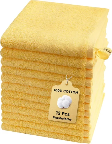 SEMAXE Juego de 12 toallas de 100% algodón, 13 × 13 pulgadas, toallas suaves amarillas para la cara – súper absorbentes y de secado rápido, paño