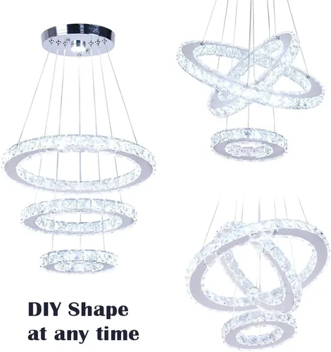 Miniatura 5 de Lámparas de araña LED de cristal, lámpara colgante moderna para comedor, lámpara de techo ajustable con 3 anillos, de acero inoxidable, blanco frío