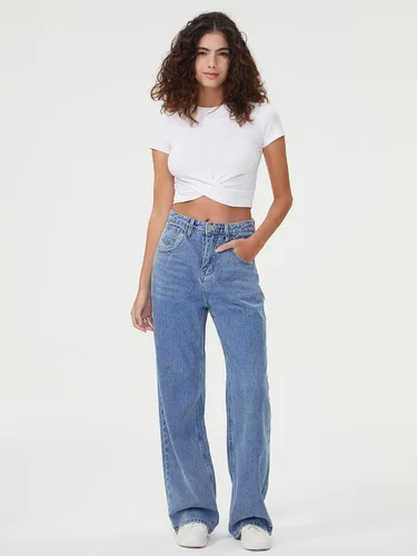 Miniatura 2 de HDLTE Jeans de pierna ancha para mujer, pantalones holgados de cintura alta, pantalones de mezclilla holgados estilo boyfriend, Y2K