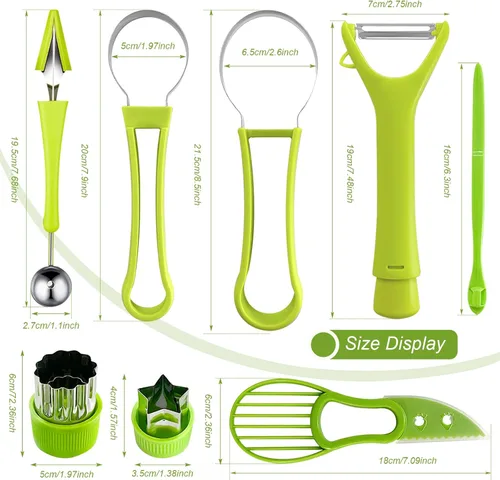 Miniatura 2 de Juego de 18 cucharas de melón Baller, juego de pelador de frutas de acero inoxidable 4 en 1, cortador de aguacate, pelador de naranja, frutas