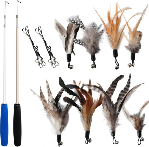 Juguetes para gatos EcoCity - Juguetes de plumas para gatos sin teñido químico para gatos de interior - Incluyen varita para gatos y recambios de