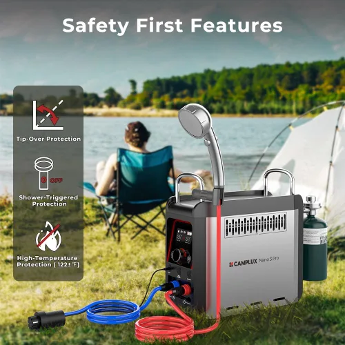 Miniatura 6 de CAMPLUX Nano 3 Pro - Calentador de agua portátil de propano de 1 libra, calentador de agua de campamento de mesa y bomba de ducha con batería