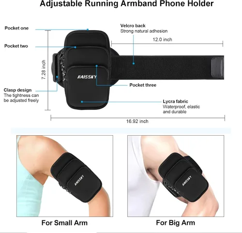 Miniatura 3 de Brazalete porta teléfono de 3 bolsillos para correr para iPhone 16 15 14 Pro Max 13 Plus 12 11 XS XR X 8 7 Galaxy S23, bolsa para llaves y tarjetas