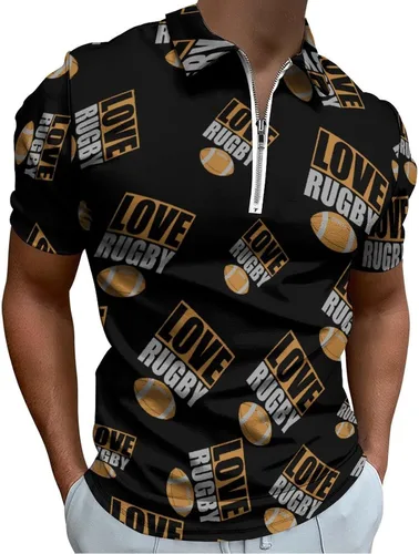 Love Rugby Football Men's Polo Shirts Casual Short Sleeve Golf Polo Shirts Zippered Polo T Shirts Tops