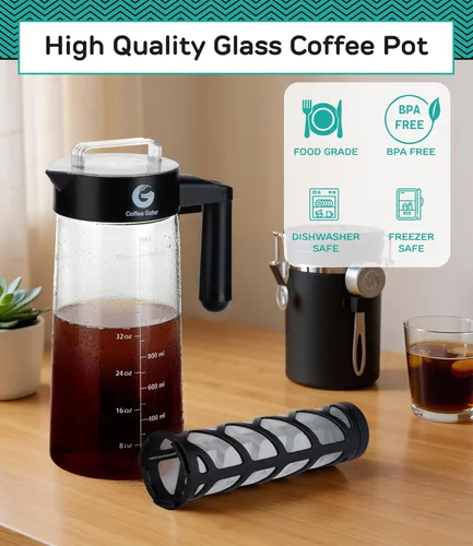 Miniatura 3 de Coffee Gator Cafetera de café frío de 47 onzas, cafetera helada y jarra con jarra de vidrio de borosilicato, filtro, color negro