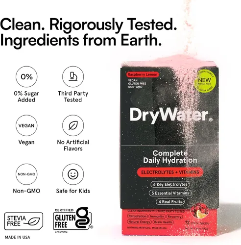 Miniatura 3 de DryWater® Paquetes de polvo de hidratación de electrolitos + vitaminas, limón de frambuesa (sin estevia), 1,000 mg de potasio, fruta orgánica real