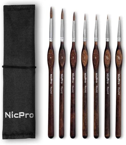 Nicpro Kolinsky Sable - 7 pinceles de pintura en miniatura, pinceles profesionales de detalles finos con rollo de tela, juego de pinceles de artista