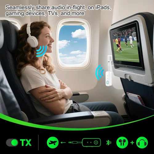 Miniatura 3 de Transmisor Receptor Bluetooth 5.4 Premium Pro, Adaptador de Audio para Avión, Transmisor Inalámbrico para TV/Vuelo de Viaje, Aerolínea, Gimnasio.