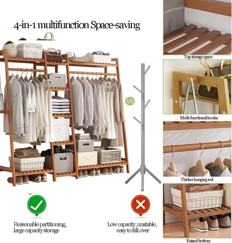 Miniatura 3 de Perchero de bambú para ropa, estante de almacenamiento, perchero para colgar ropa, organizador de armario con zapatero, armario portátil