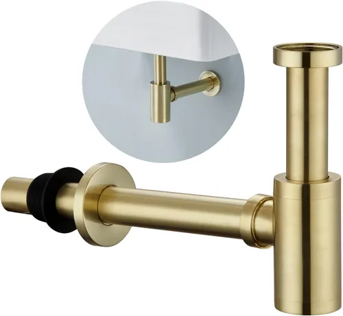 Fregadero de baño de latón P Trap: Trampa para fregadero de 1-1/4 con altura ajustable - Trampa P de botella redonda de oro cepillado con tubo de
