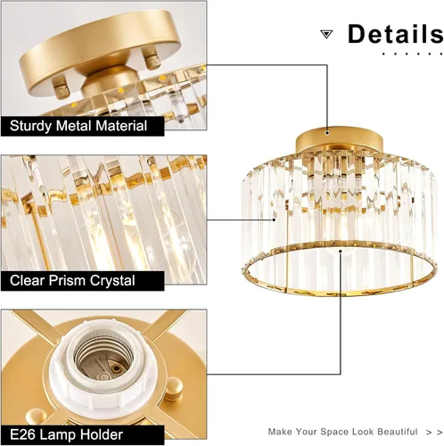 Miniatura 6 de Lámpara de techo semiempotrada de cristal dorado moderna, lámpara de pasillo moderna de montaje semiempotrado, lámpara de techo de metal cercana al
