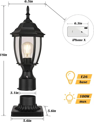 Miniatura 2 de Paquete de 2 luces de poste para exteriores con cableado fijo de 120V del anochecer al amanecer, lámpara de poste de aluminio impermeable con base