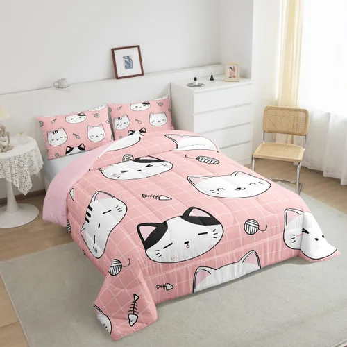 Miniatura 17 de Erosebridal Juego de ropa de cama para niños, tamaño individual, diseño de gatos de dibujos animados, para niñas, niños y adolescentes, edredón
