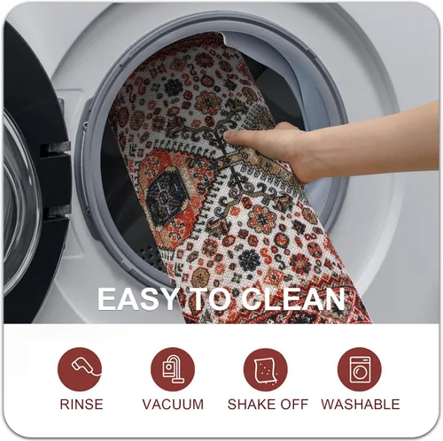 Miniatura 4 de Collive Tapete lavable para interiores, tapete retro antideslizante de bienvenida de 20" x 32" pulgadas, alfombra de área de absorción rápida, Rojo