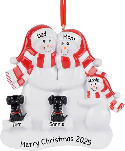 Adorno 3D de familia de 3 con perros, adornos de Navidad personalizados para familia 2025 | Muñecos de nieve con 2 perros negros, adornos