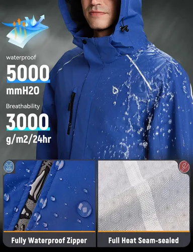 Miniatura 5 de baleaf Chaqueta impermeable para hombre 3 en 1 para esquí de invierno, rompevientos con capucha reflectante, plegable, con chaqueta de forro polar