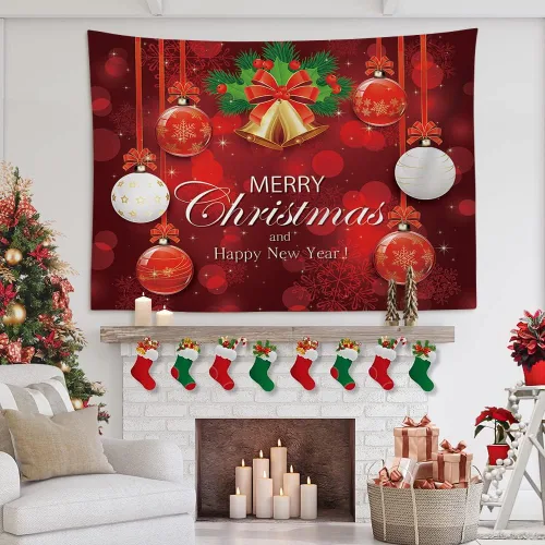 Miniatura 2 de OTOSTAR Tapiz de Navidad con diseño de bola de Navidad, Feliz Navidad y Feliz Año Nuevo, tapiz para colgar en la pared, adornos de Navidad, adornos