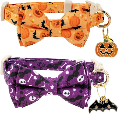 Miniatura 9 de Faygarsle Paquete de 2 bonitos collares de gato de temporada para Halloween y otoño, collar separable con cascabeles, corbatín, bonitos patrones