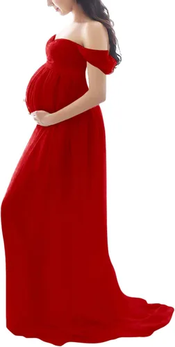 Miniatura 3 de Maternity Dress for Photography Off Shoulder Chiffon Gown Split Front Maxi Pregnancy Dresses for Photoshoot