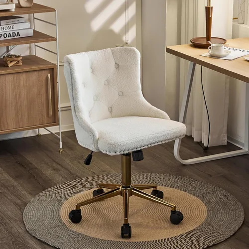 Miniatura 14 de VINGLI Silla de Escritorio de Terciopelo Azul Marino sin Brazos para Oficina en Casa con Base/Ruedas Doradas, Linda Silla de Tocador/Maquillaje