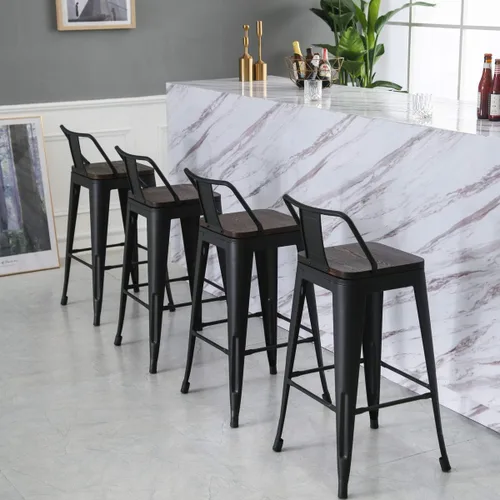Miniatura 8 de Taburetes de bar de metal con respaldo, juego de 4 taburetes de altura de encimera de cocina con asiento de madera de 24 pulgadas, negro mate