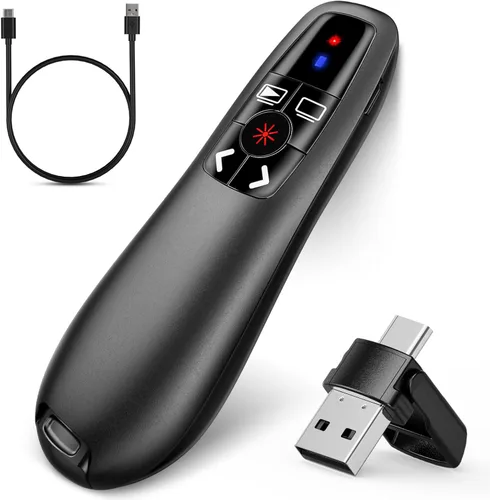Clicker de presentación USB tipo C 2 en 1, clicker para presentaciones de PowerPoint, control remoto inalámbrico recargable, RF 2.4GHz USB