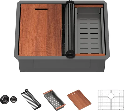 Miniatura 36 de Lordear Fregadero de cocina de montaje inferior de 23 pulgadas, estación de trabajo, fregadero de cocina de acero inoxidable calibre 16, cuenco